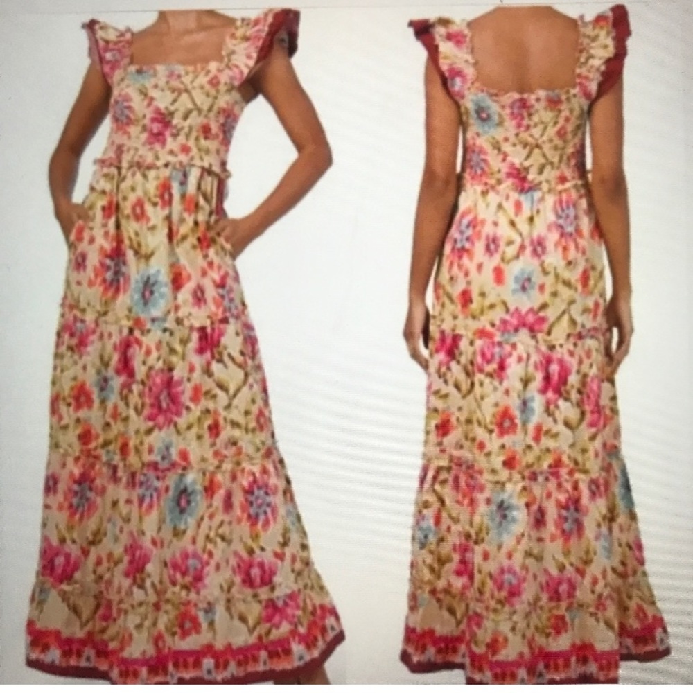 House of Harlow 1960 Zoey Khaki Floral Bohemian Smocked Maxi Dress